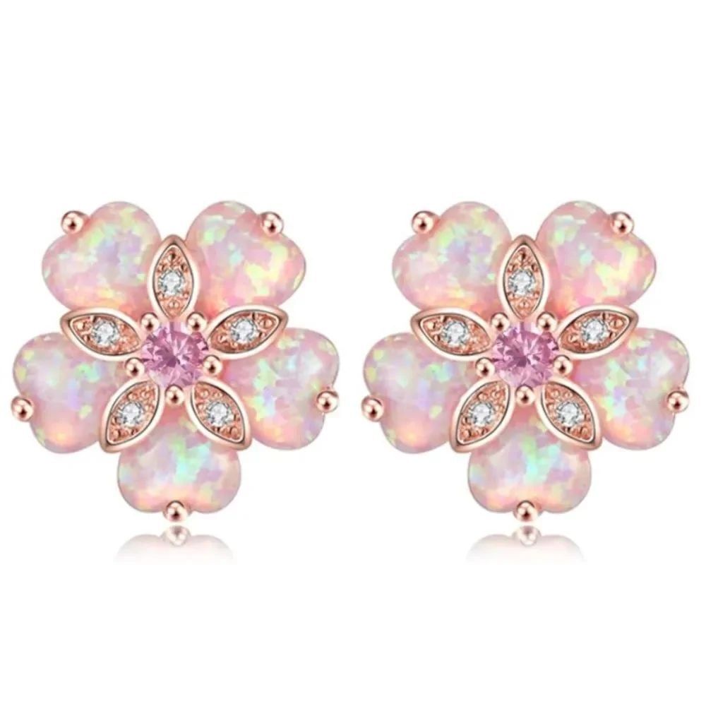 14K Rose Gold with Pink Fire Opals and Pink Topaz Flower Post Back Stud Earrings